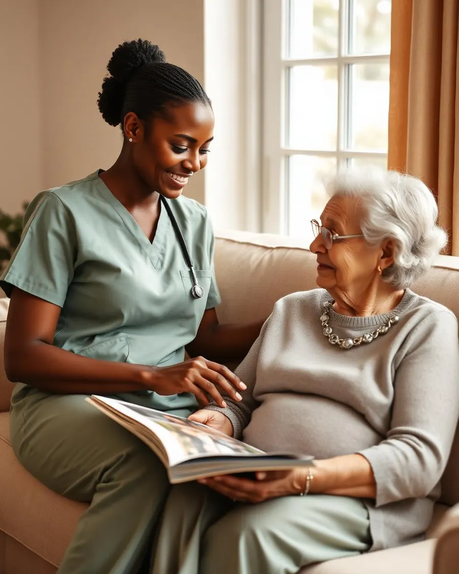 Compassionate dementia care specialist supporting an elderly client at home