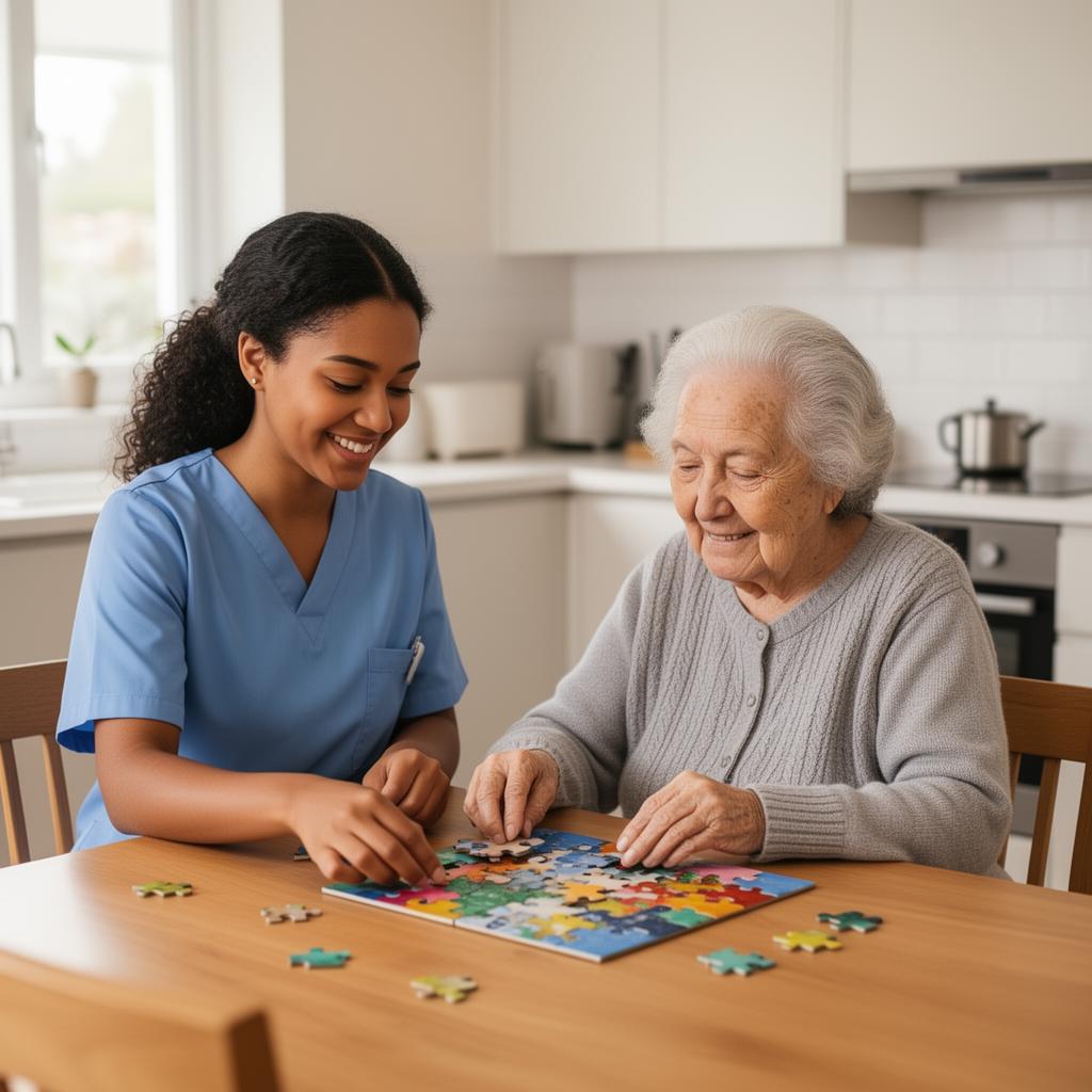 Caregiver and senior doing activities together